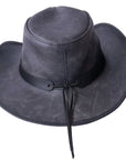 A back view of a Cyclone Black Leather Cowboy Hat with 3" Brim and 4" Crown 
