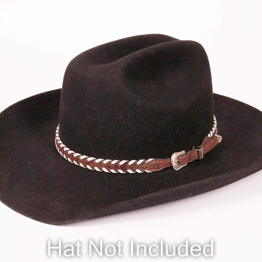 Whippersnapper brown leather cowboy hat band on black felt cowboy hat