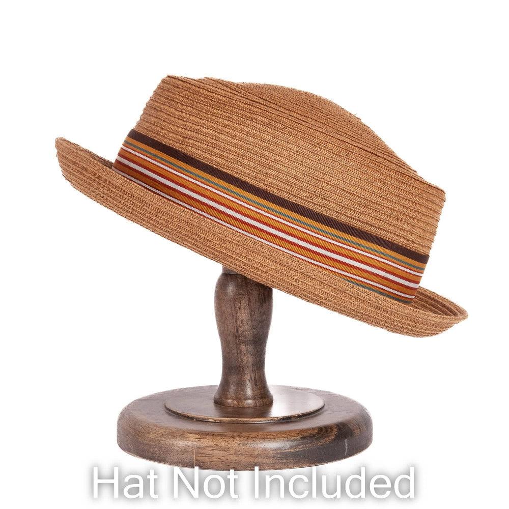 Natural Wooden Table Top Hat Stand with a hat on angle view